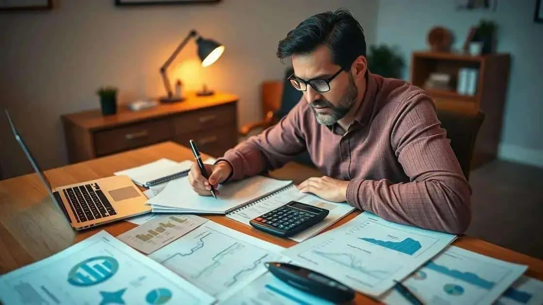 Adult writing notes beside a laptop and calculator