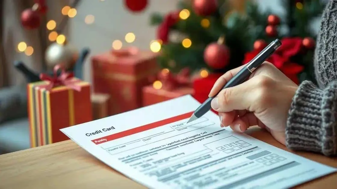 Adult writing on a credit application form at a Christmas desk