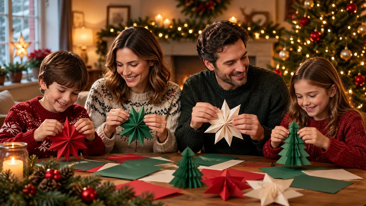Adults and children making simple paper ornaments