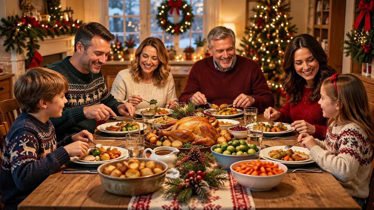 Adults and children sharing a simple Christmas meal Adults and children sharing a simple Christmas meal