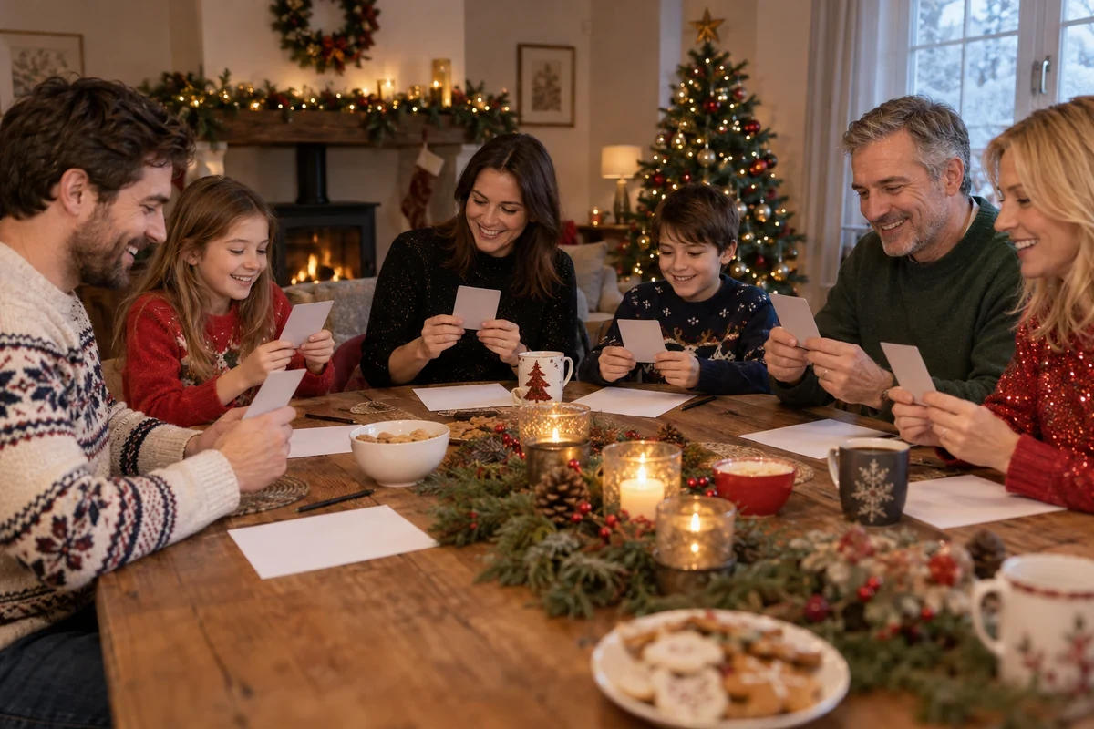 Adults and children taking part in a family Christmas quiz