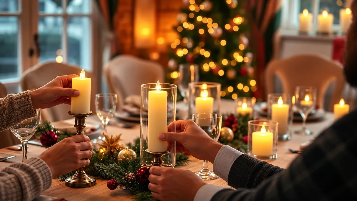 Adults arranging battery-powered candles on a table Adults arranging battery-powered candles on a table
