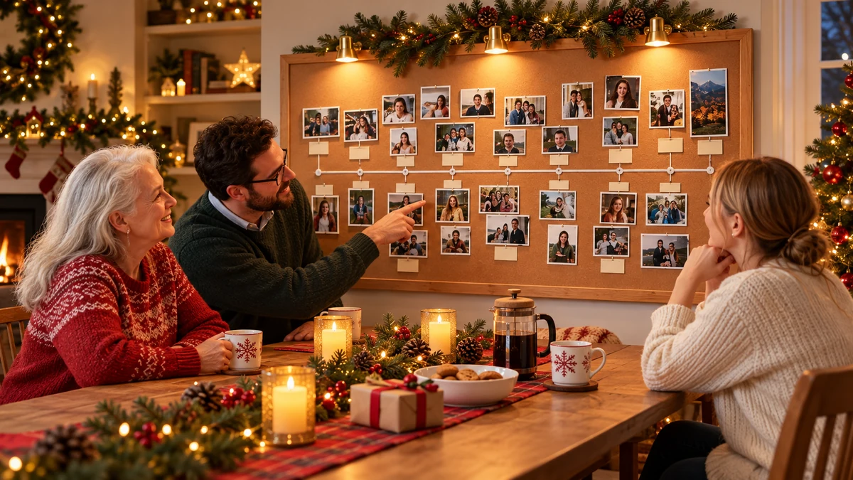 Adults discussing photographs on a family memory board