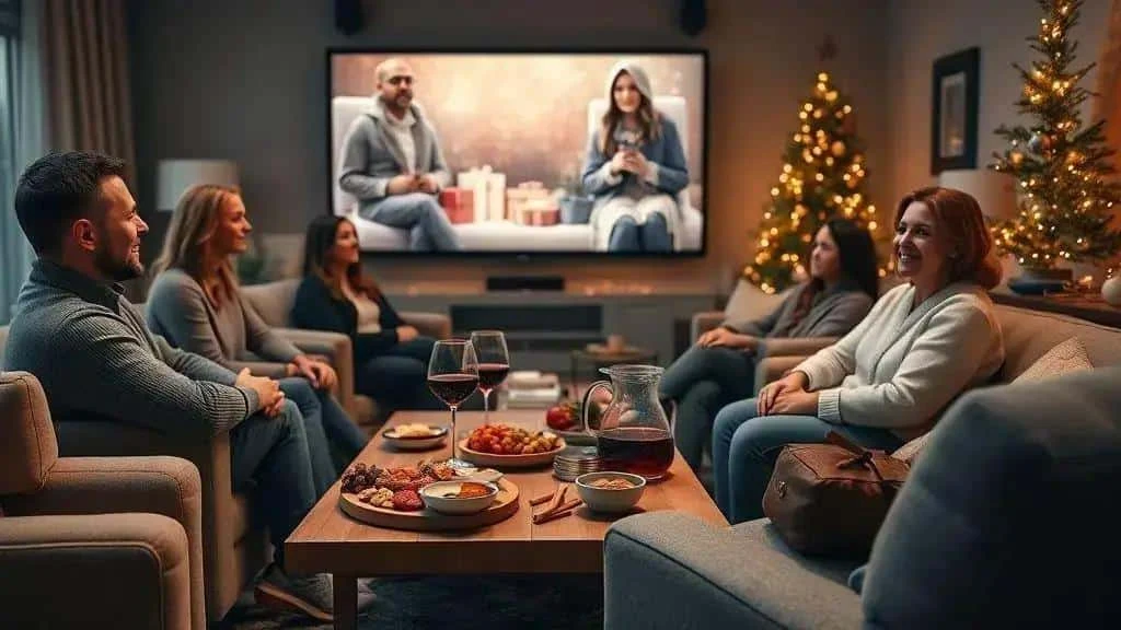 Adults enjoying a Christmas film night with shared snacks
