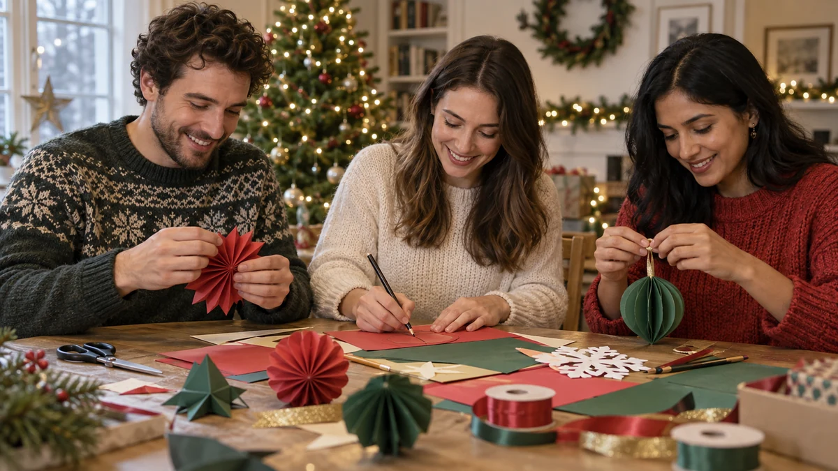 Adults making paper Christmas decorations together