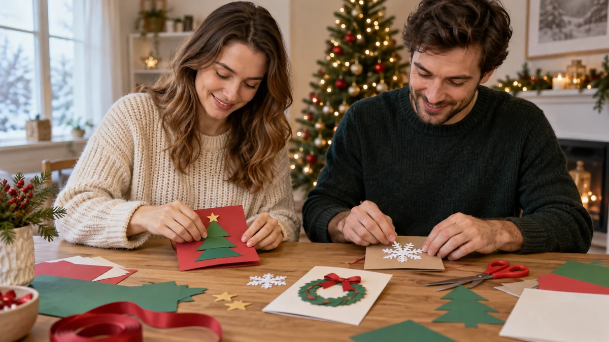 Adults making simple paper Christmas cards Adults making simple paper Christmas cards