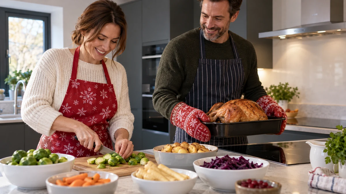 Adults preparing Christmas dinner in a kitchen