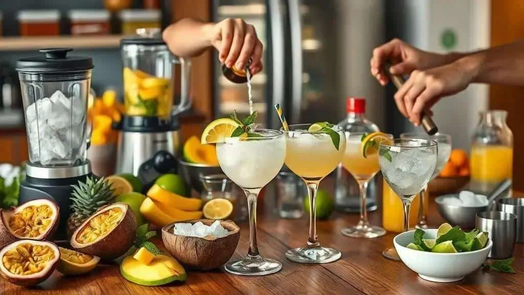 Adults preparing fruit cocktails beside blenders and fresh fruit