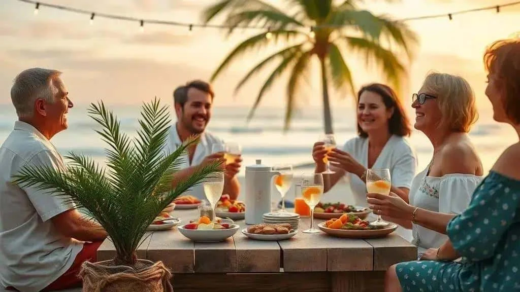 Adults raising a toast at a summer Christmas gathering