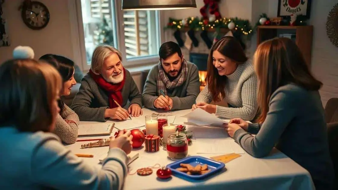 Adults reviewing notes together at a Christmas table