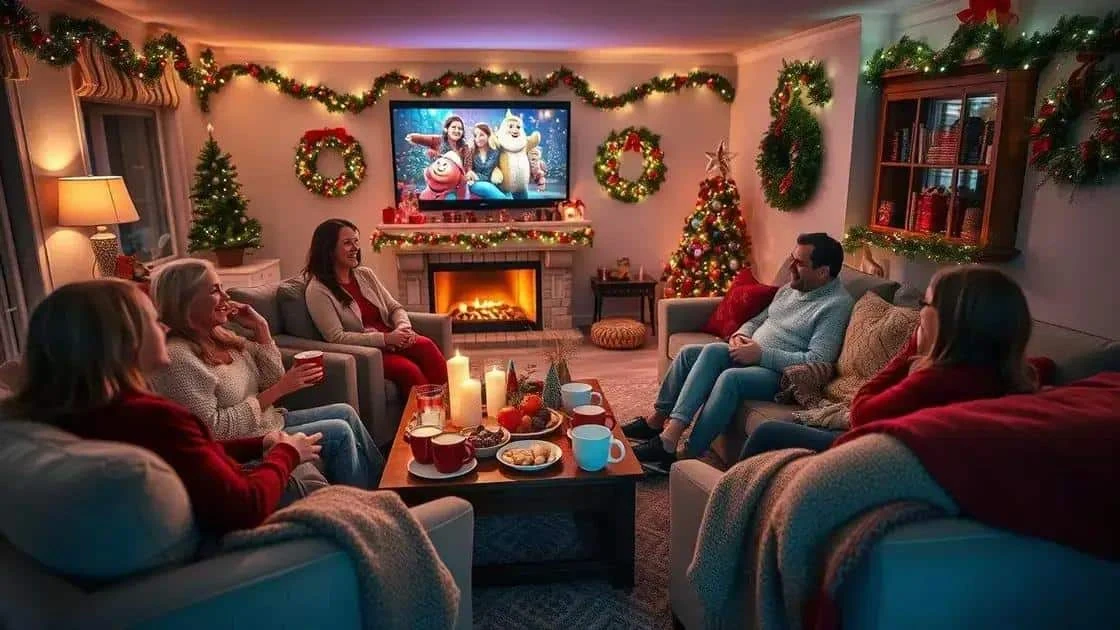 Adults seated on sofas watching a screen