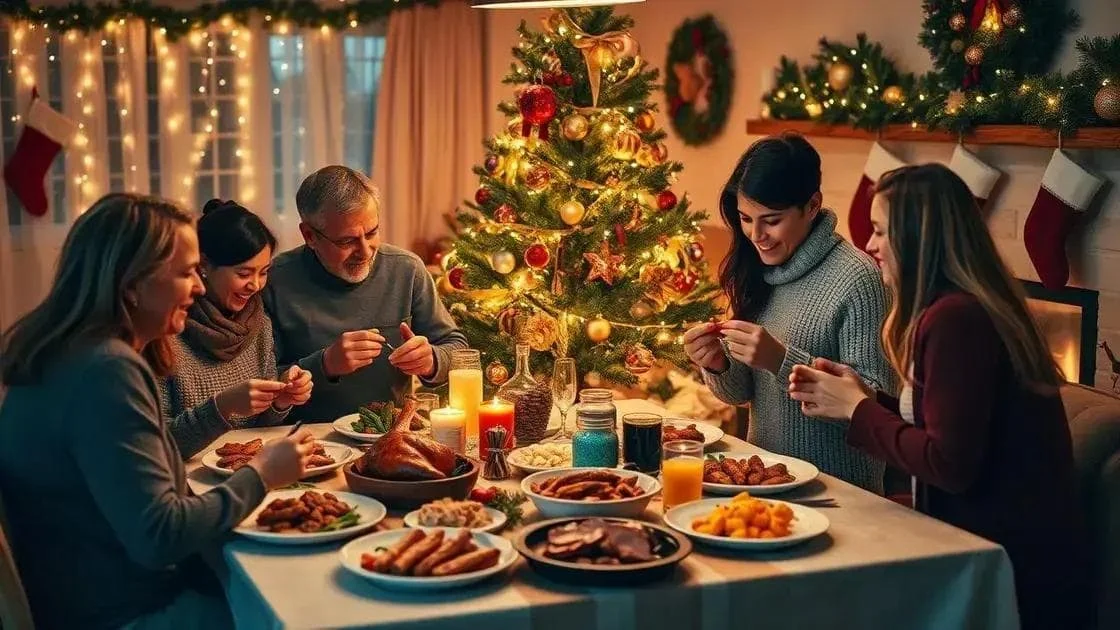 Adults sharing a meal beside a Christmas tree