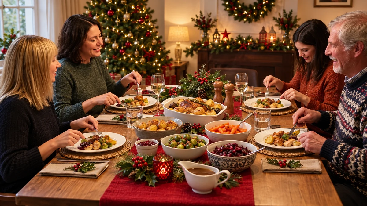 Adults sharing Christmas dinner around a table Adults sharing Christmas dinner around a table