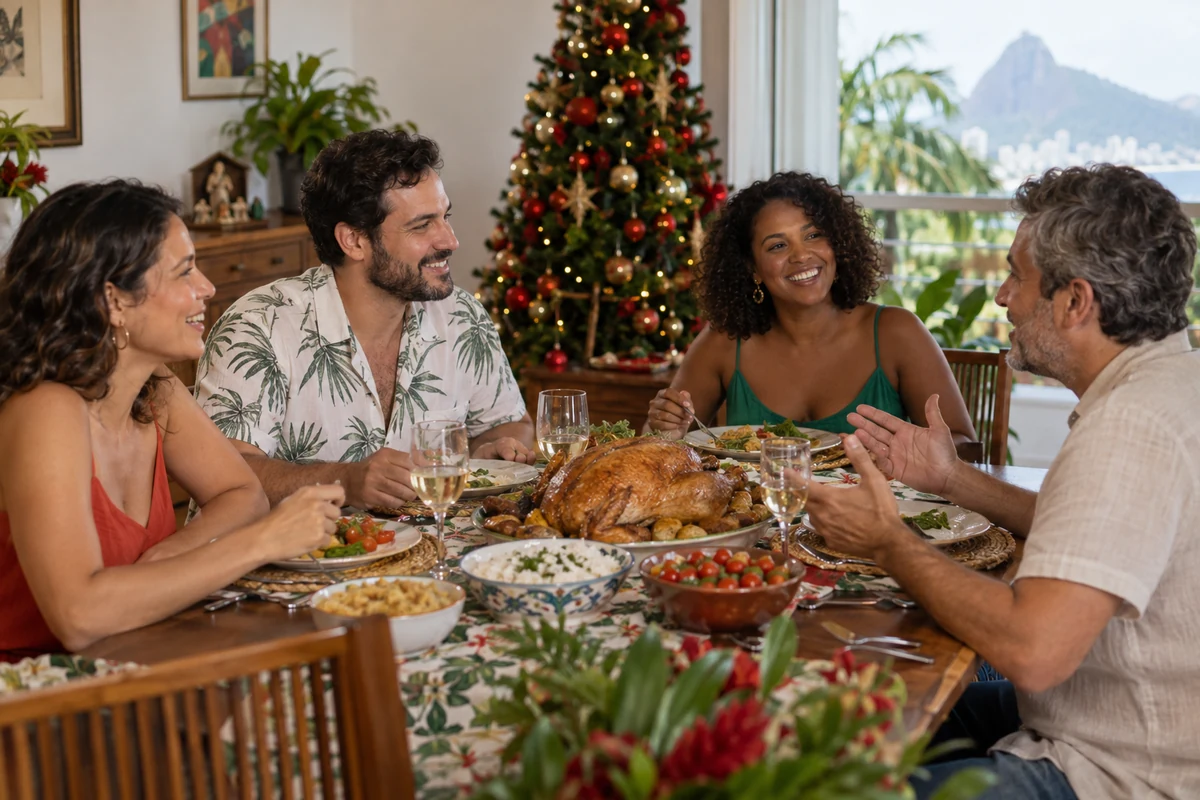 Adults talking around a Christmas dinner table in summer Adults talking around a Christmas dinner table in summer