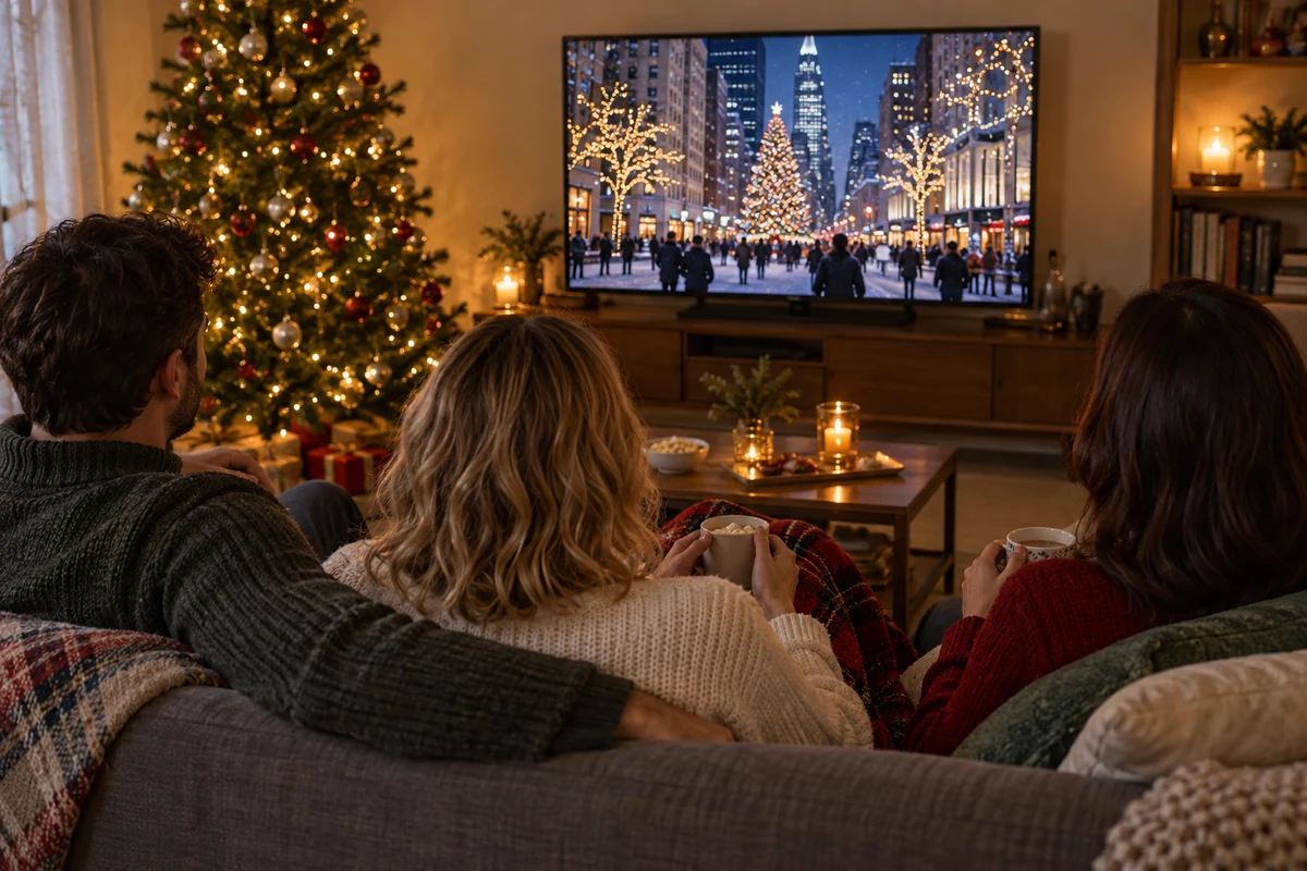 Adults watching a festive New York street scene on television