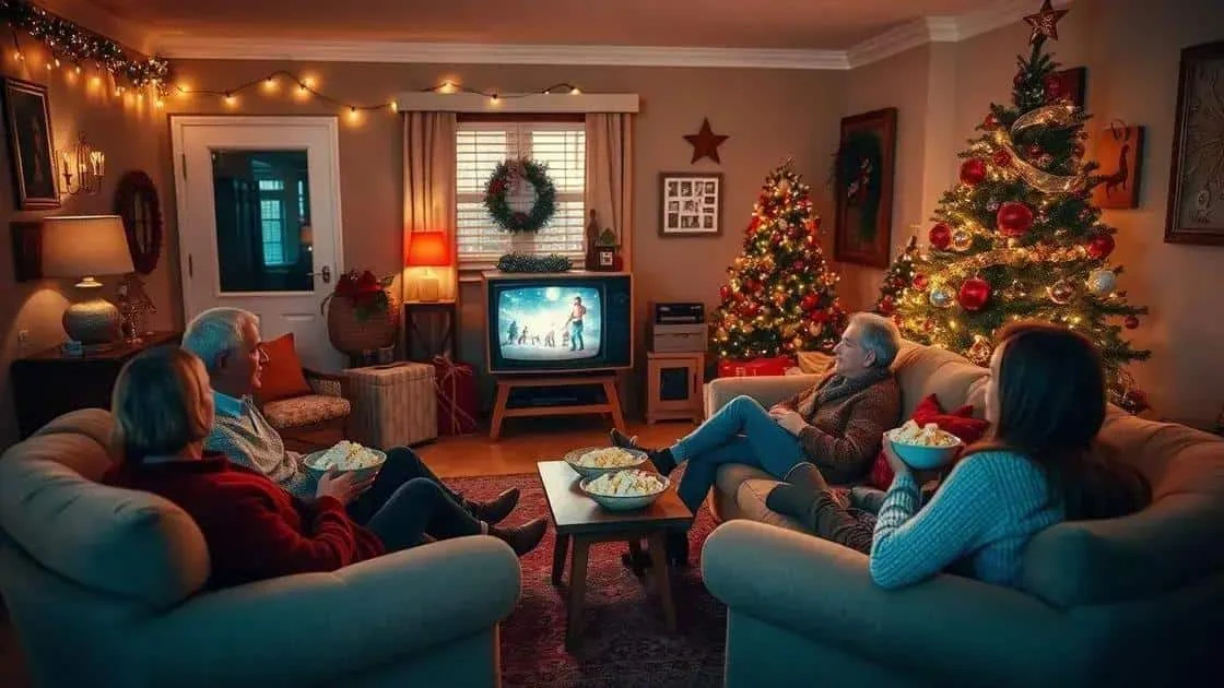 Adults watching a film in a Christmas sitting room