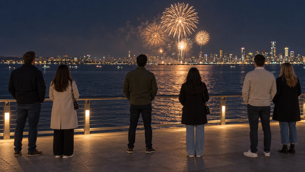 Adults watching distant fireworks across a bay