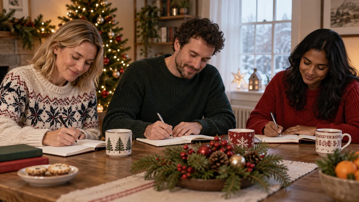 Adults writing Christmas stories together Adults writing Christmas stories together