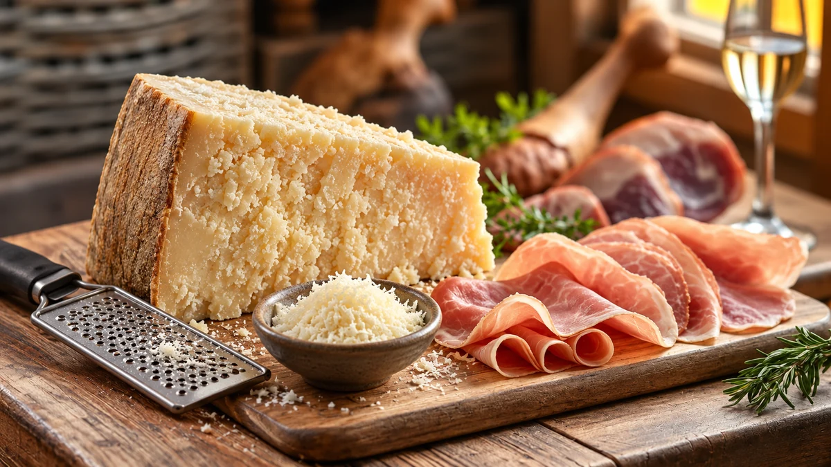 Aged Parmesan, grated cheese and thinly sliced prosciutto Aged Parmesan, grated cheese and thinly sliced prosciutto