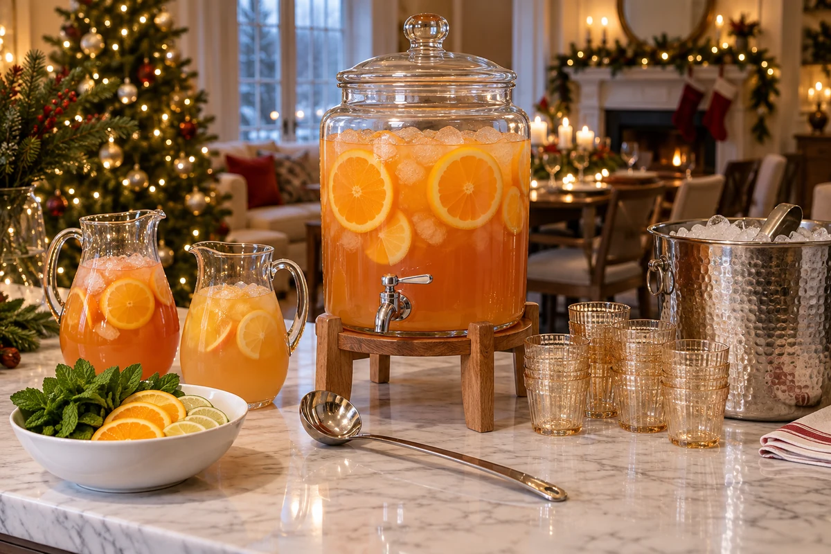Alcohol-free Christmas punch station with fruit and glasses