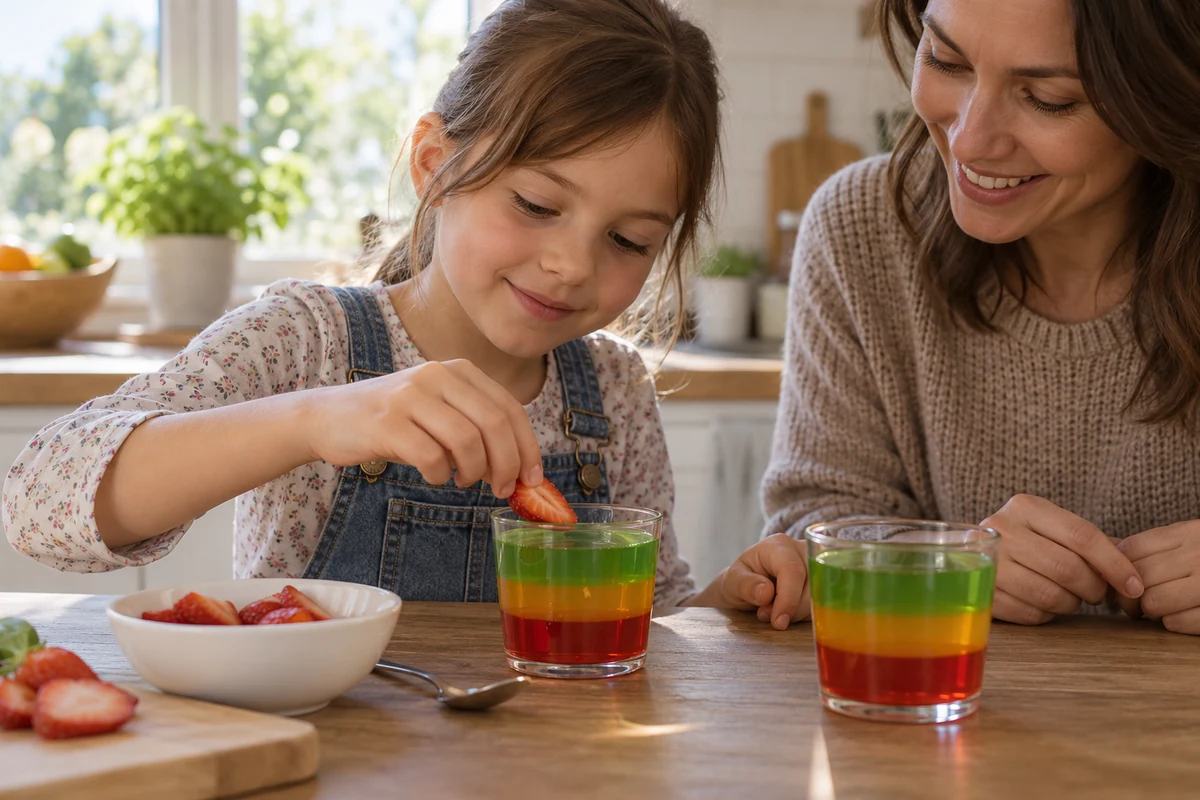 An adult helping a child decorate a jelly cup with a strawberry