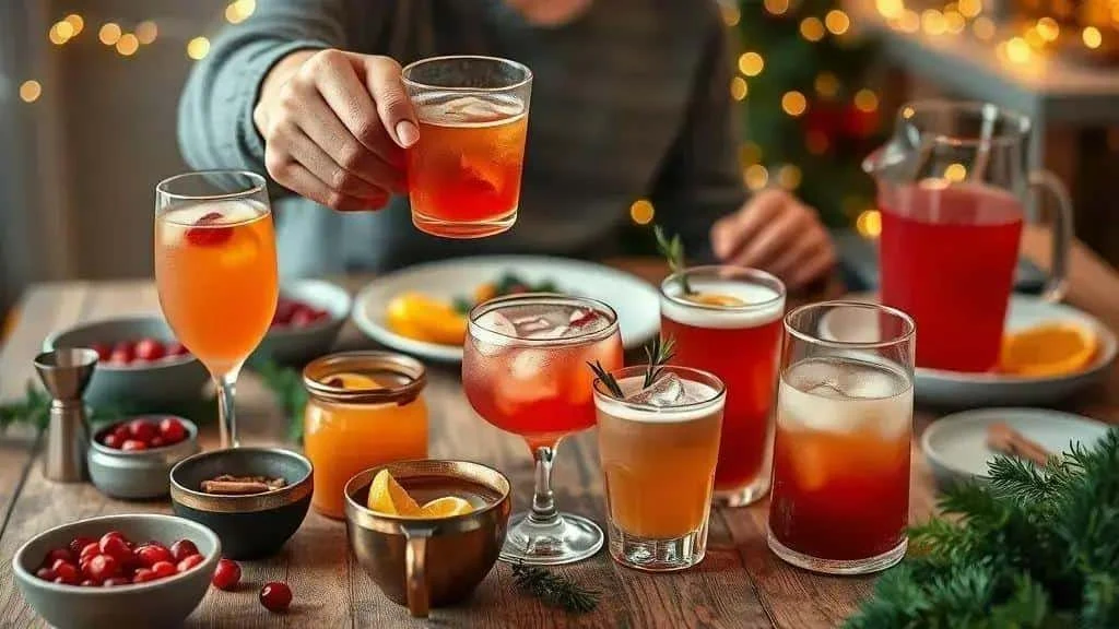 An adult holding a glass beside a selection of Christmas drinks An adult holding a glass beside a selection of Christmas drinks