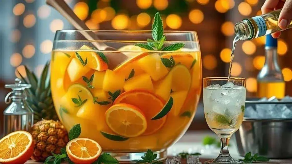 An adult pouring a drink beside a tropical punch bowl