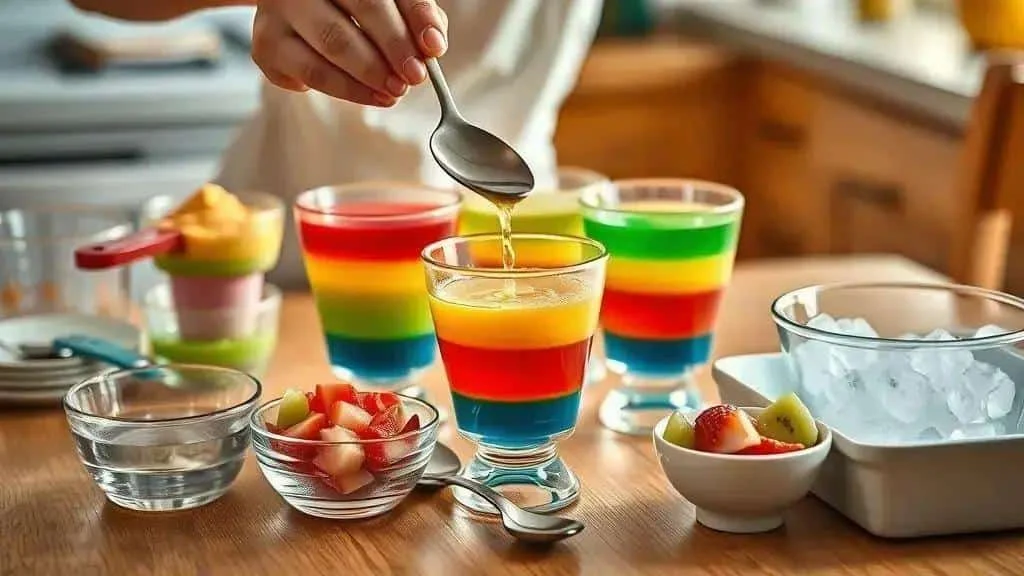 An adult preparing layers of fruit jelly in small glasses