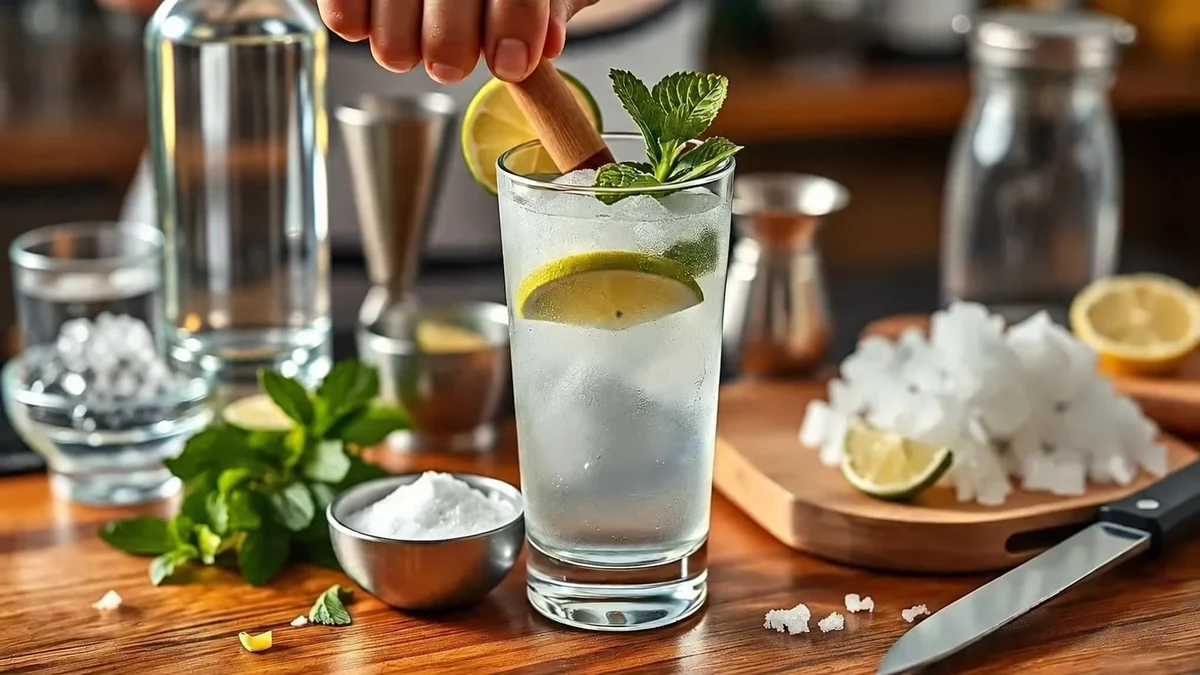 An adult using a wooden muddler in a lime drink