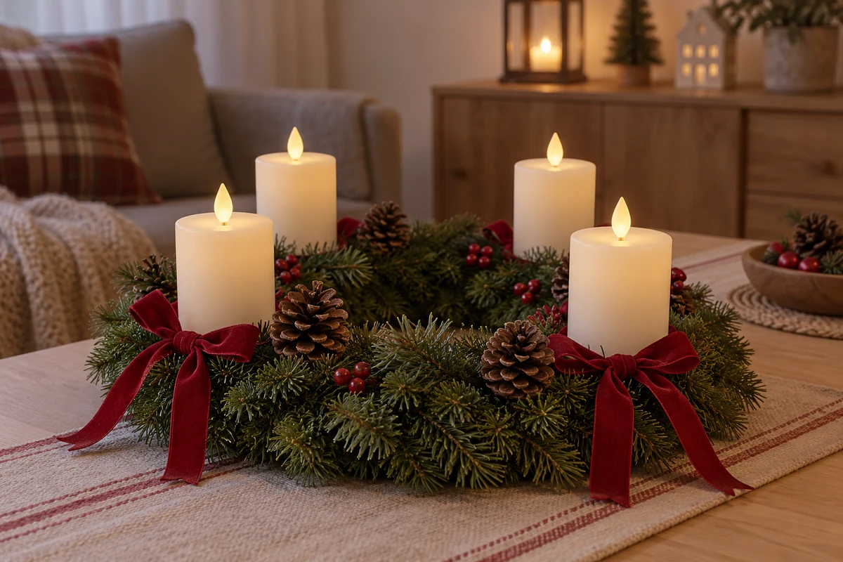 An Advent wreath with four battery LED candles
