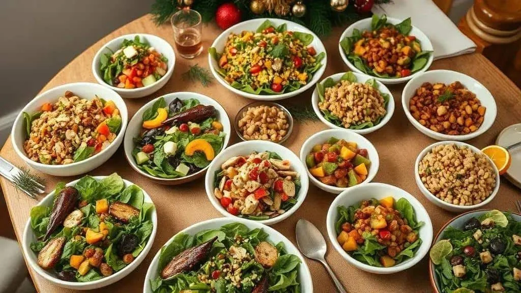 An assortment of Christmas salads with vegetables, grains and fruit