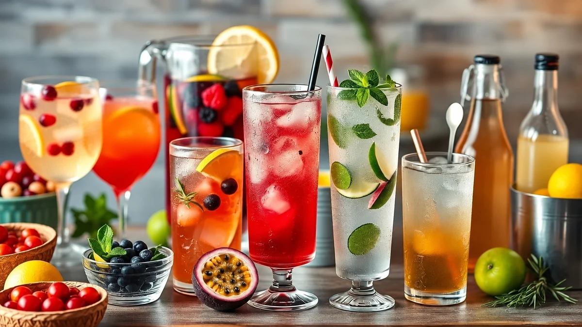 An assortment of fruit drinks with passion fruit and berries