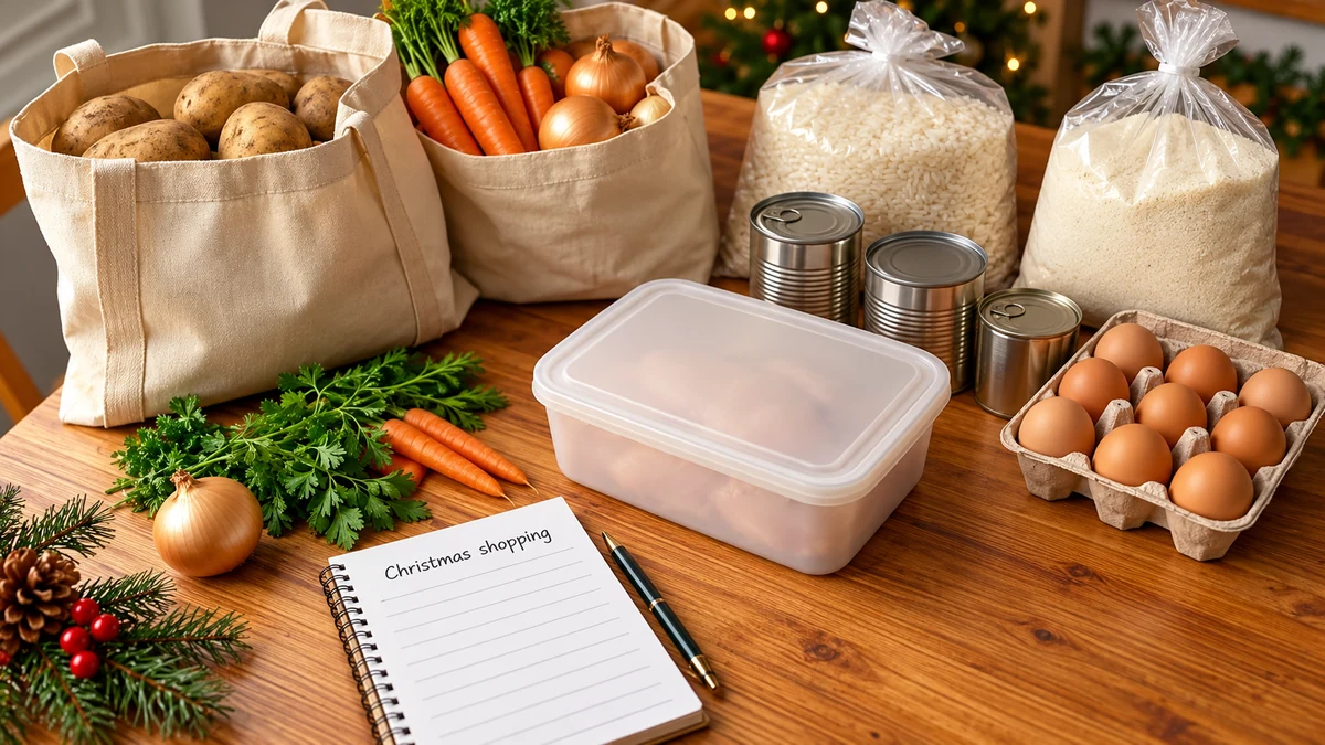 An English Christmas shopping notebook beside groceries and a sealed food container