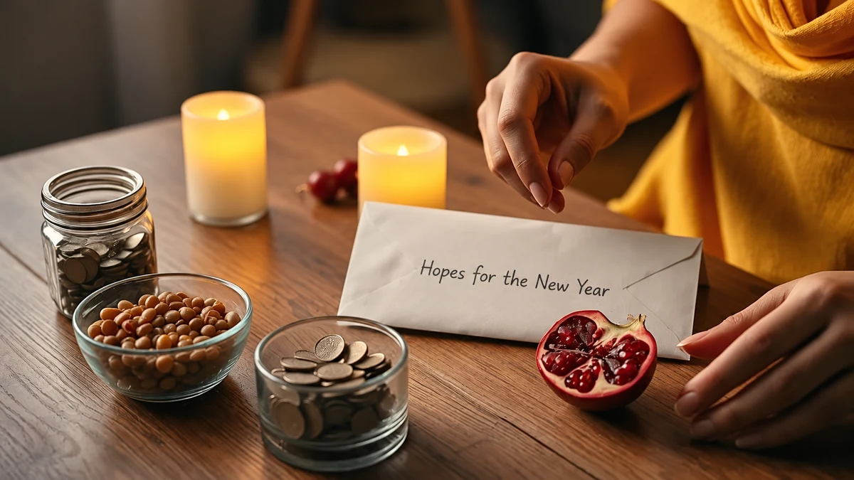 An envelope of hopes for the new year with symbolic festive foods