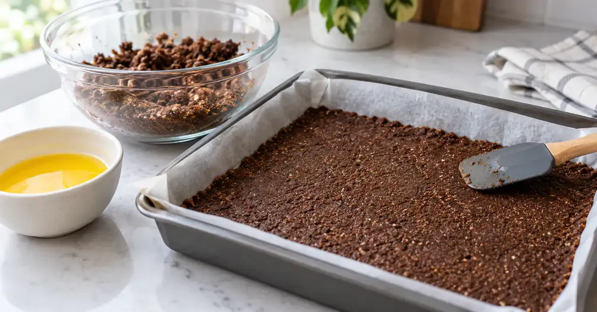 An even chocolate biscuit base before adding the filling