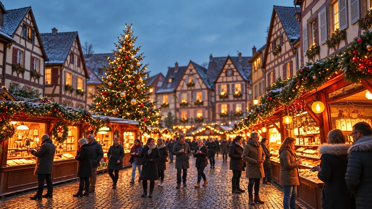 An illustrated Alsatian Christmas market with an illuminated tree