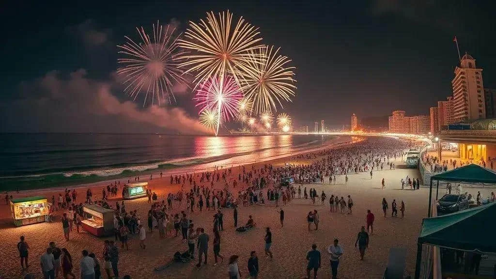 An illustrated beach crowd watching New Year fireworks