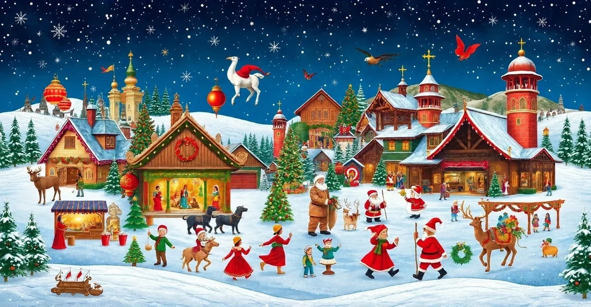 An illustrated Christmas village with festive characters