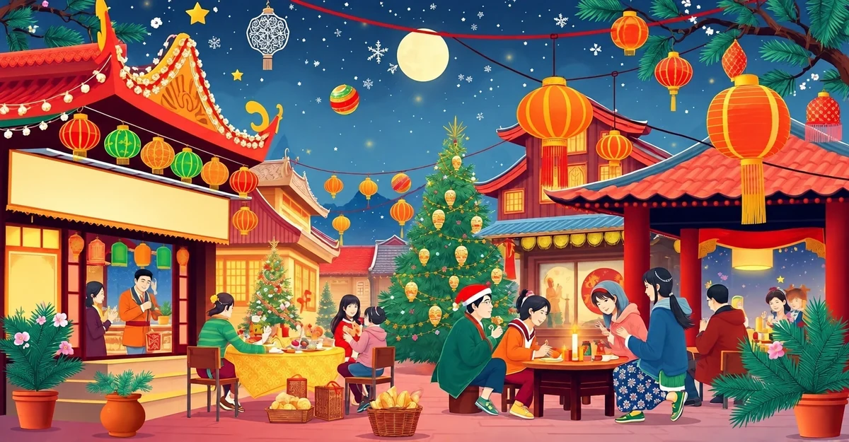 An illustrated East Asian Christmas gathering