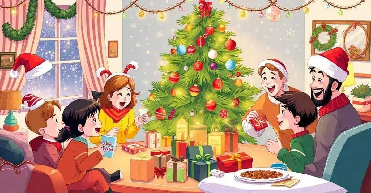 An illustrated family enjoying Christmas games