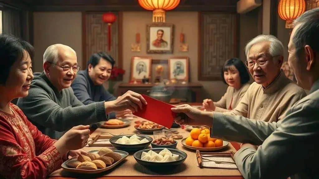 An older adult giving a red envelope at a family gathering An older adult giving a red envelope at a family gathering