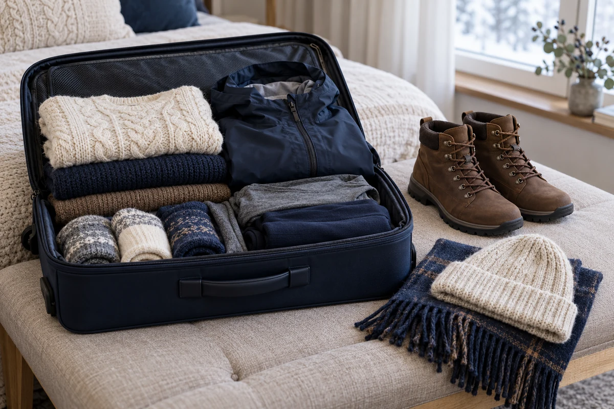 An open suitcase with winter clothing and walking boots
