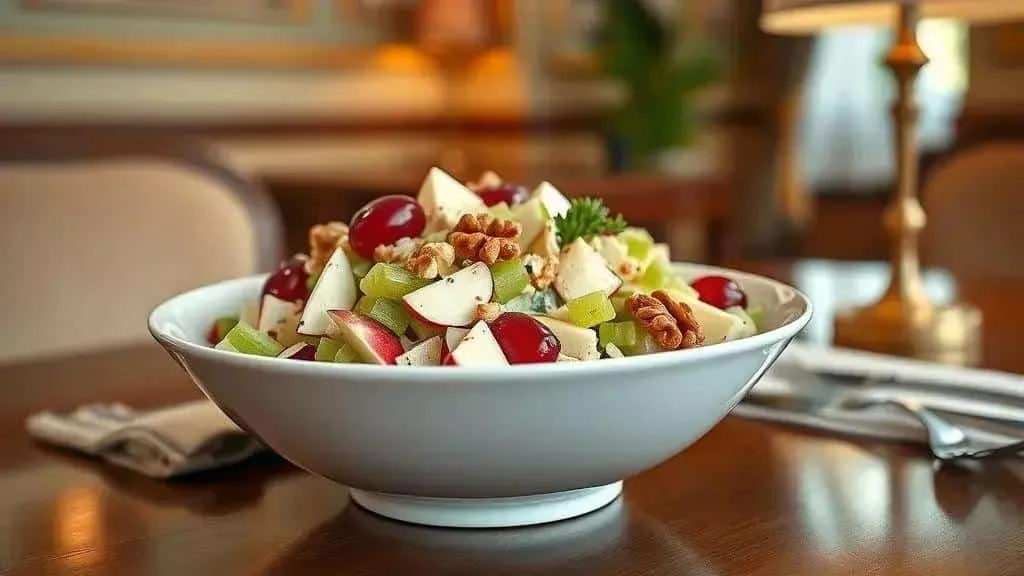 Apple, celery, grape and walnut salad served at the table