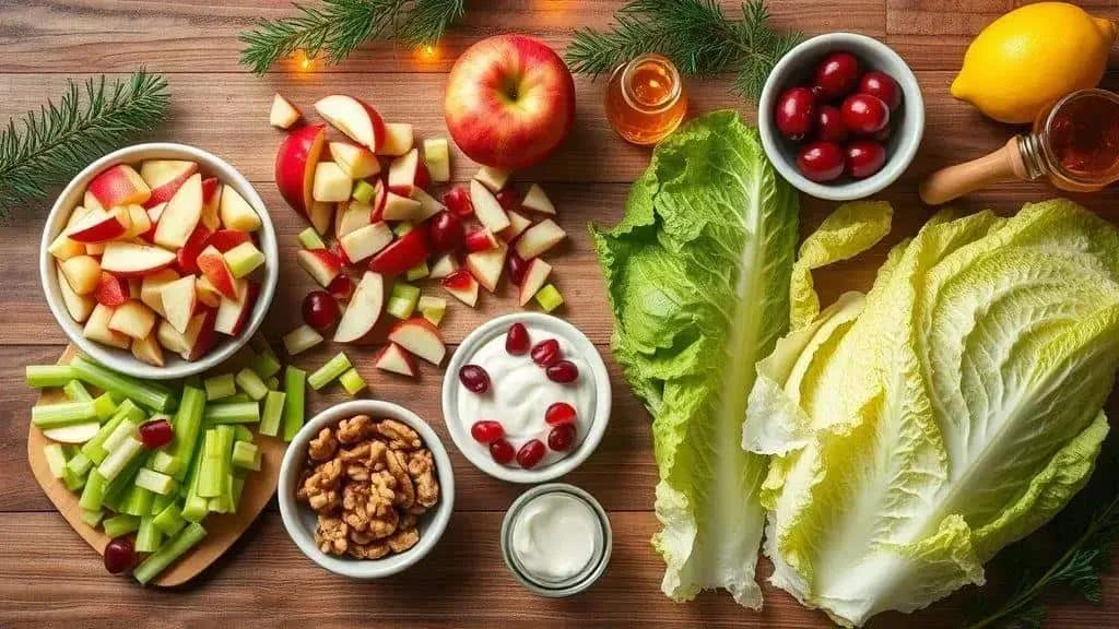 Apples, celery, walnuts and lettuce for Waldorf salad