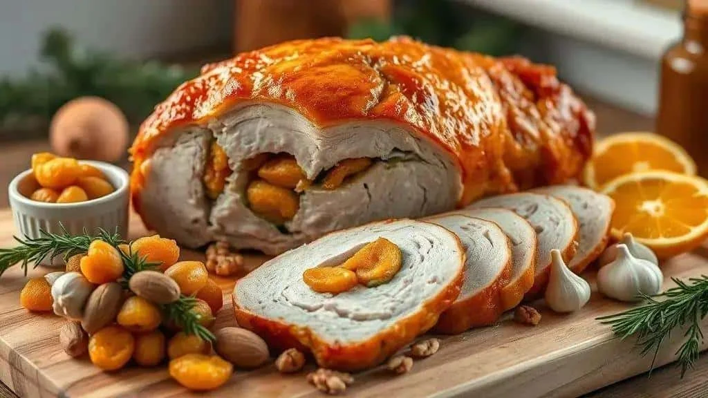Apricot-stuffed pork loin sliced for Christmas dinner