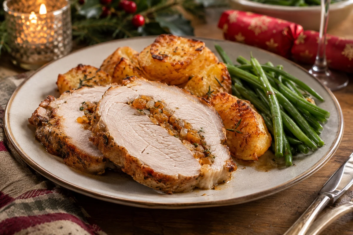 Apricot-stuffed pork loin with potatoes and green beans