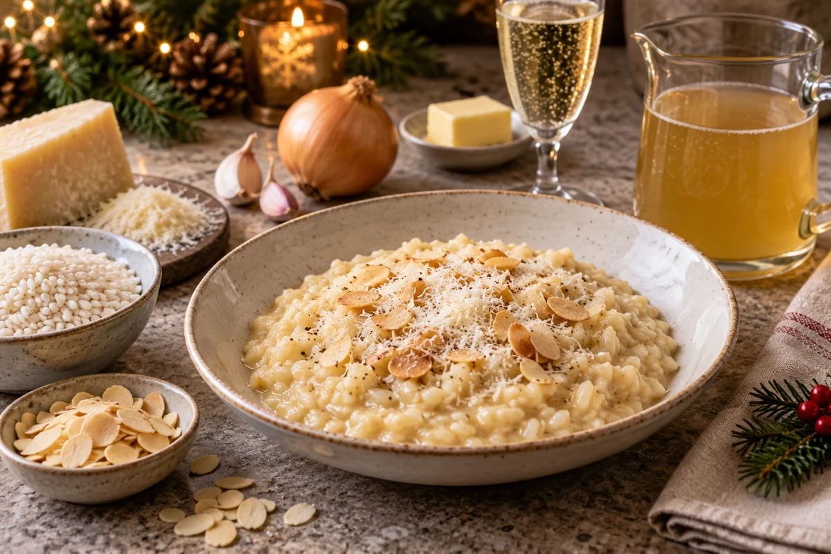 Arborio rice, flaked almonds and ingredients for Champagne risotto