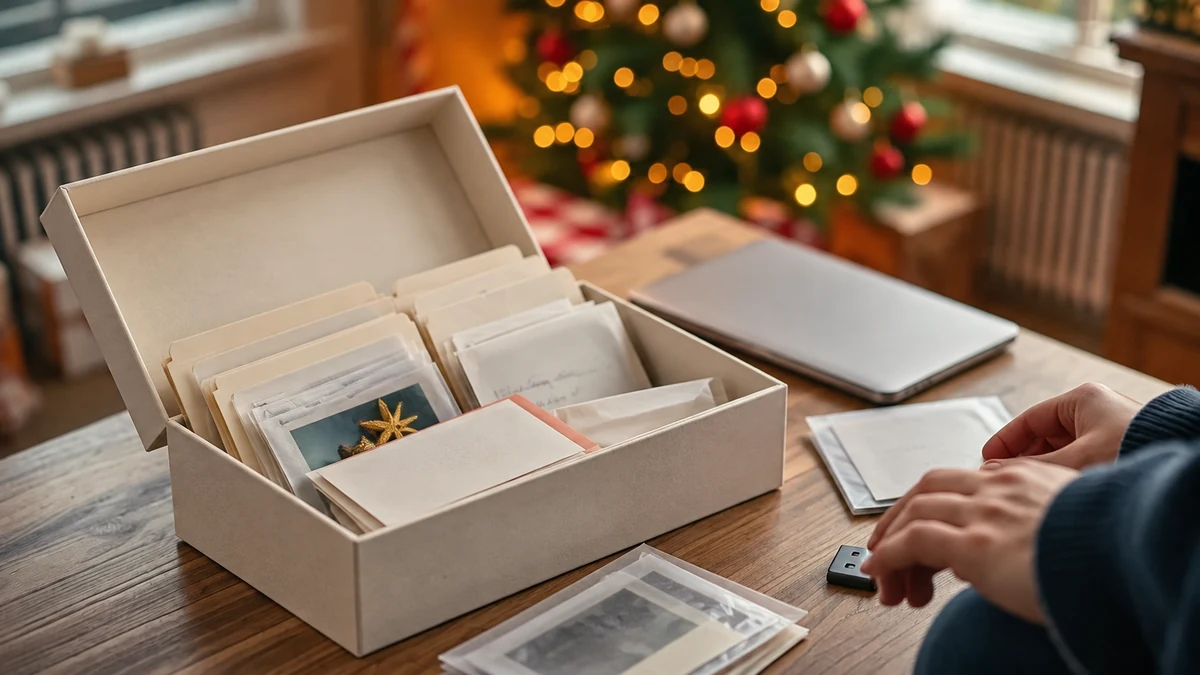 Archival folders and photographs prepared for a family time capsule