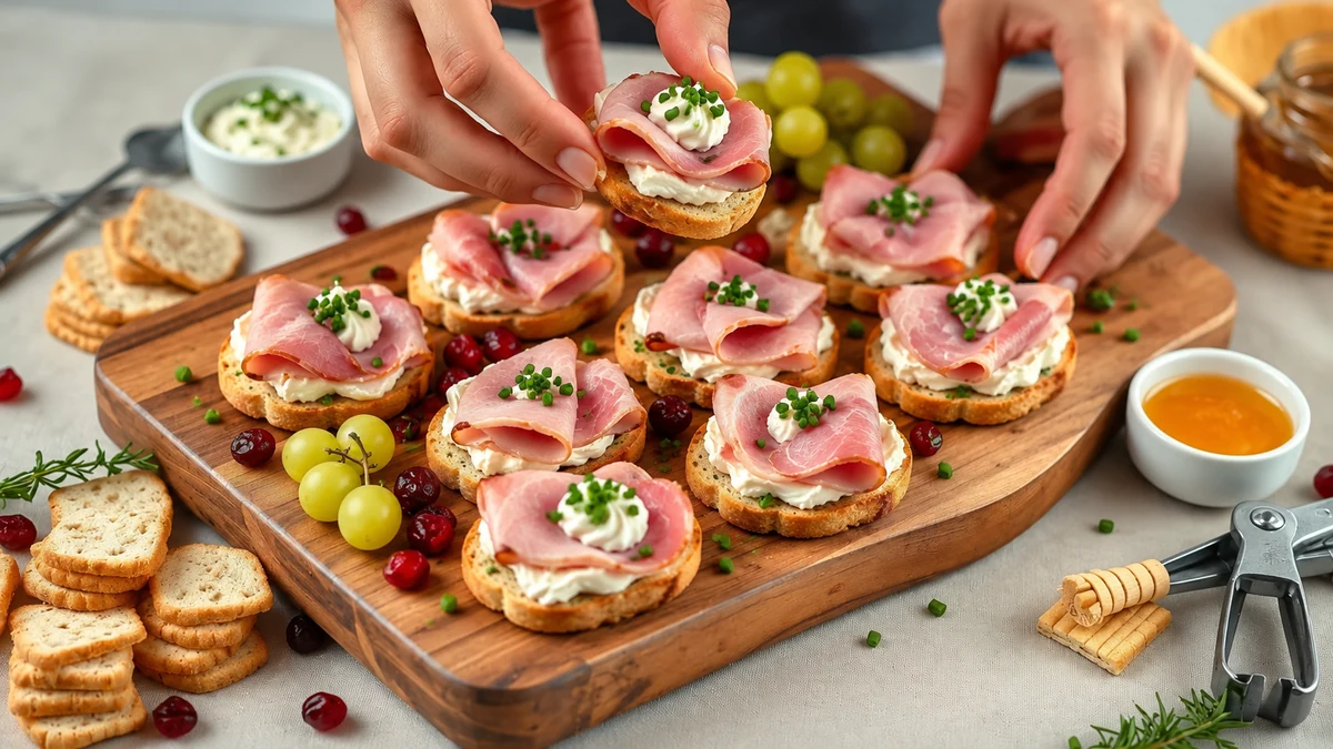 Arranging ham and cream cheese crostini