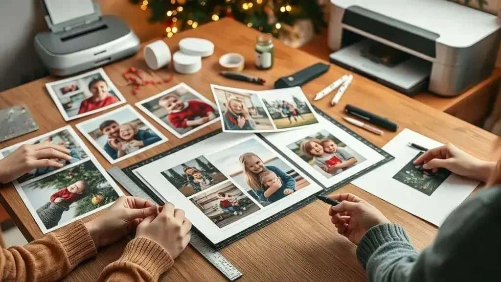 Arranging printed family photographs in a Christmas album Arranging printed family photographs in a Christmas album